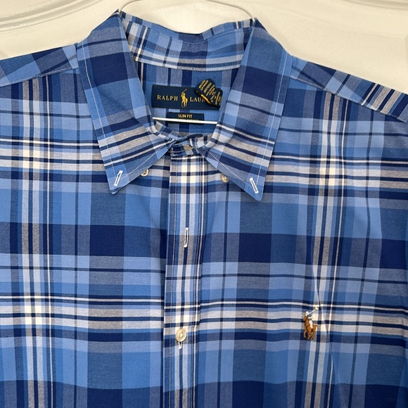 Ralph Lauren Blue White Plaid Button Down Shirt Slim Fit XL - Picture 2 of 3